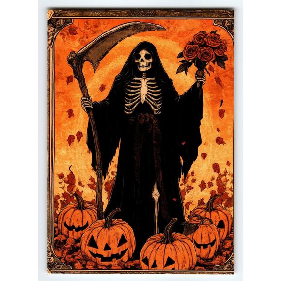 Vintage Halloween Postcard Grim Reaper with Pumpkins & Roses Litho - Picture 1 of 2